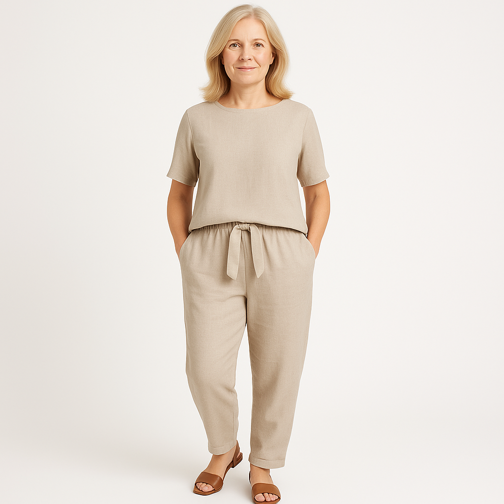 Boat Neck Short Sleeve Top and Tie Waist Tapered Pants Two Piece Set 2