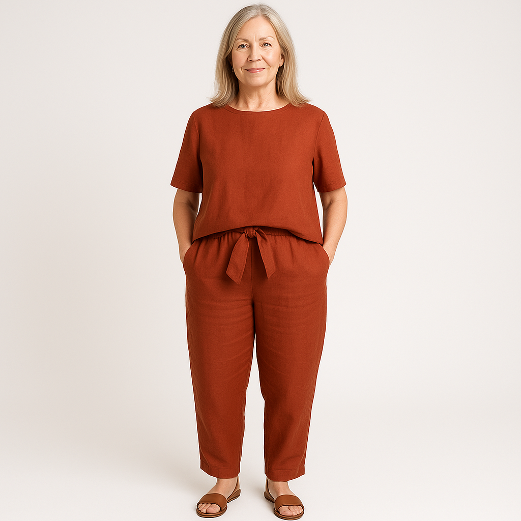 Boat Neck Short Sleeve Top and Tie Waist Tapered Pants Two Piece Set 4