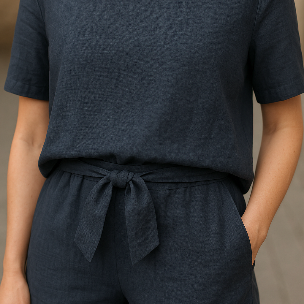 Boat Neck Short Sleeve Top and Tie Waist Tapered Pants Two Piece Set 6
