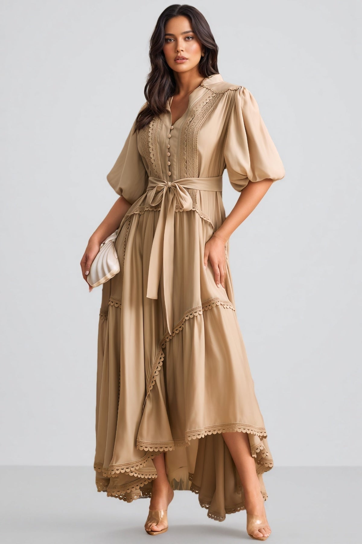 Beaufort Lace Trim Puff Sleeve Maxi Dress