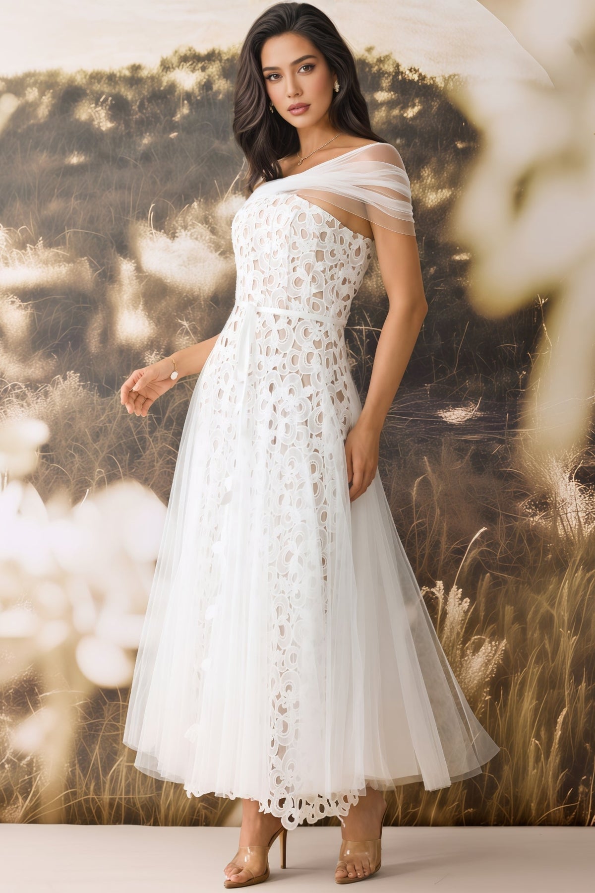 Penelope Off Shoulder Lace Embroidery Maxi Dress - View 4