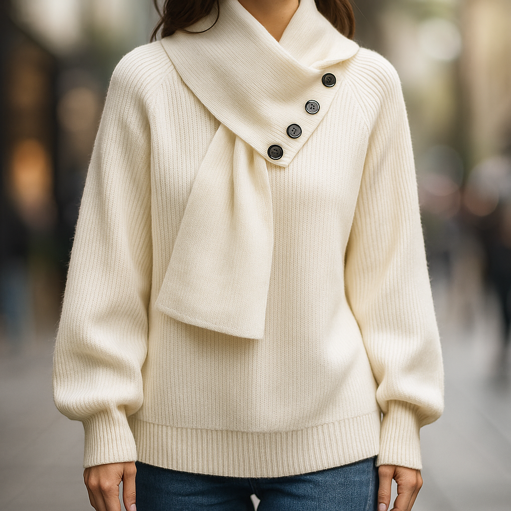 Scarf Neck Ribbed Knit Button Detail Oversized Sweater 6