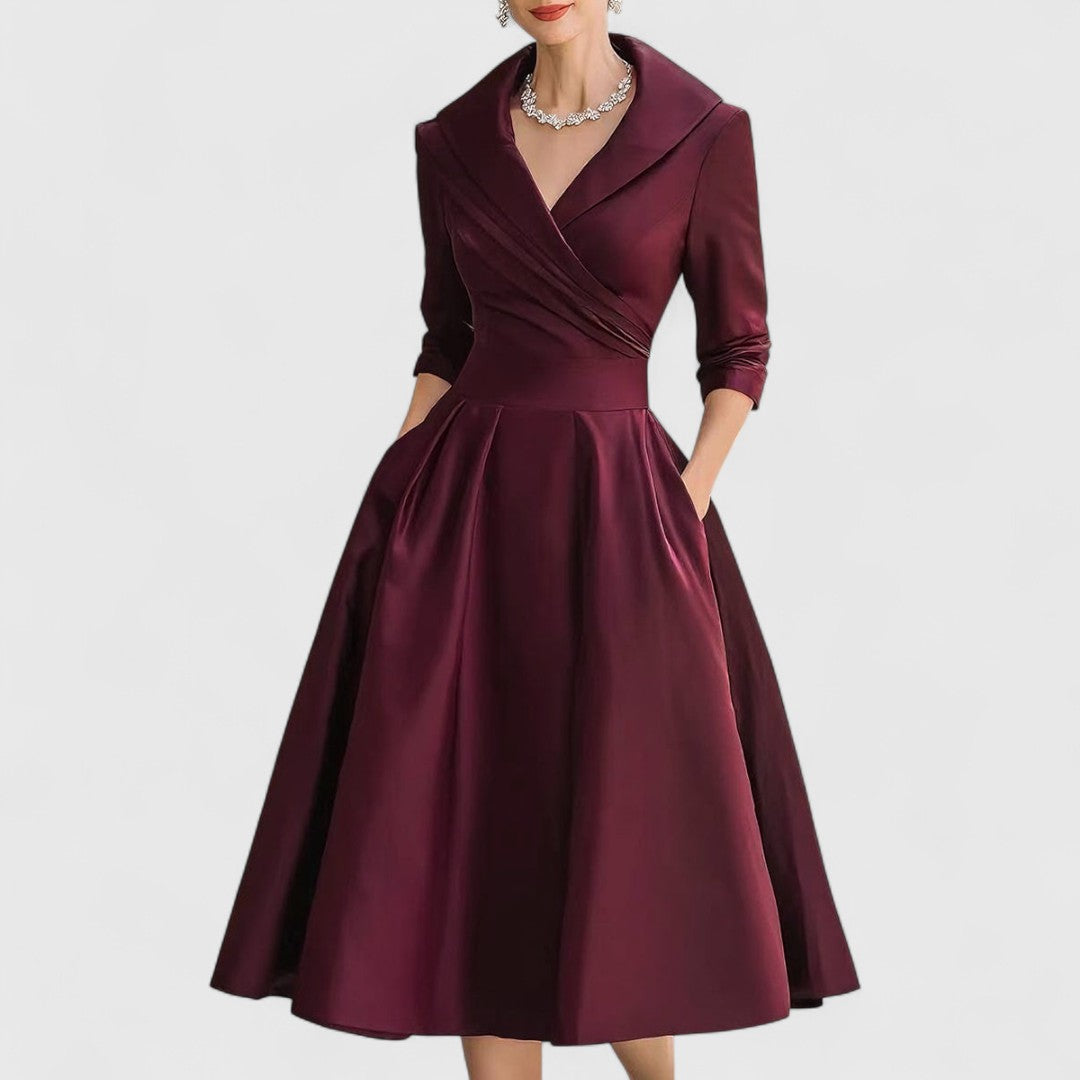 Satin Shawl Collar Wrap Fit and Flare Midi Dress 4