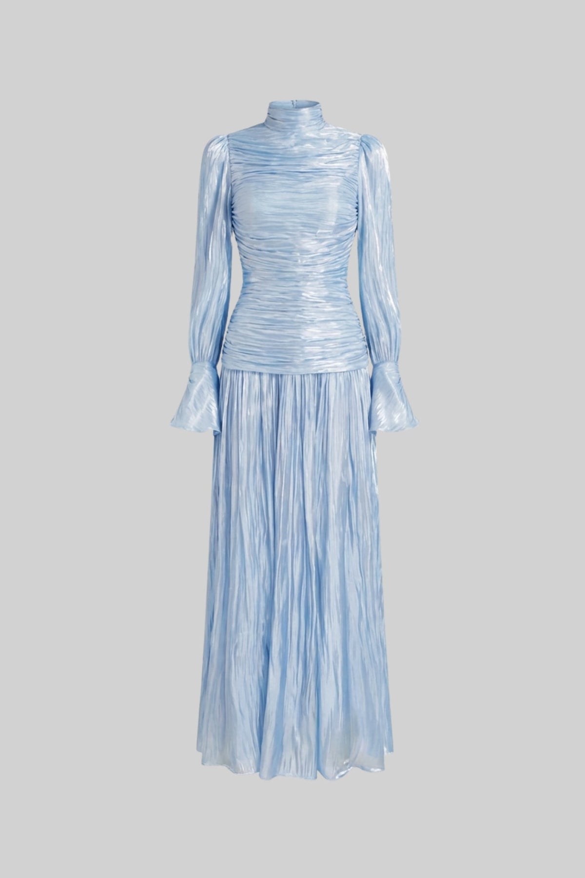 Ruched Long Sleeve Maxi Dress With Pleated Skirt - Sky Blue - View 2
