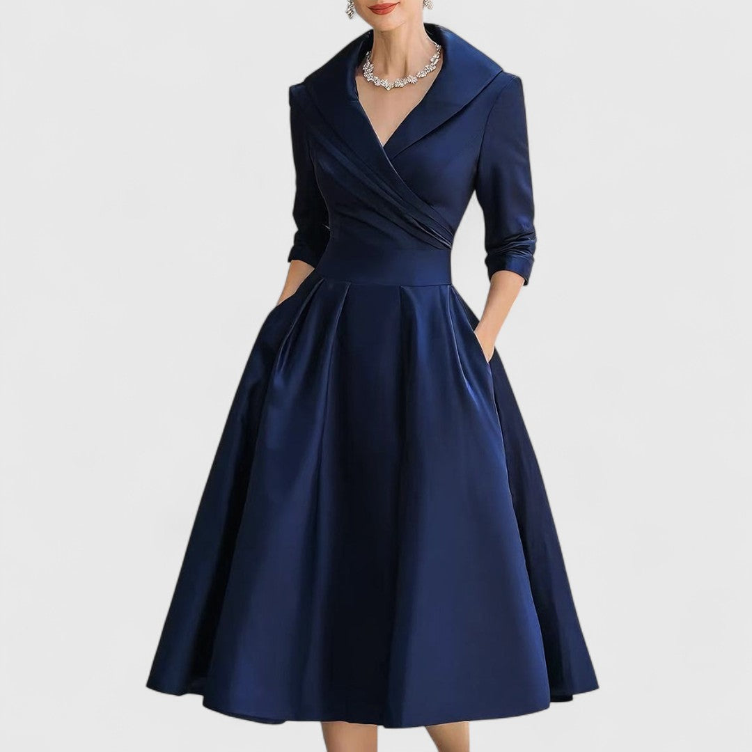 Lapel Collar Surplice Pleated Satin A-Line Midi Dress