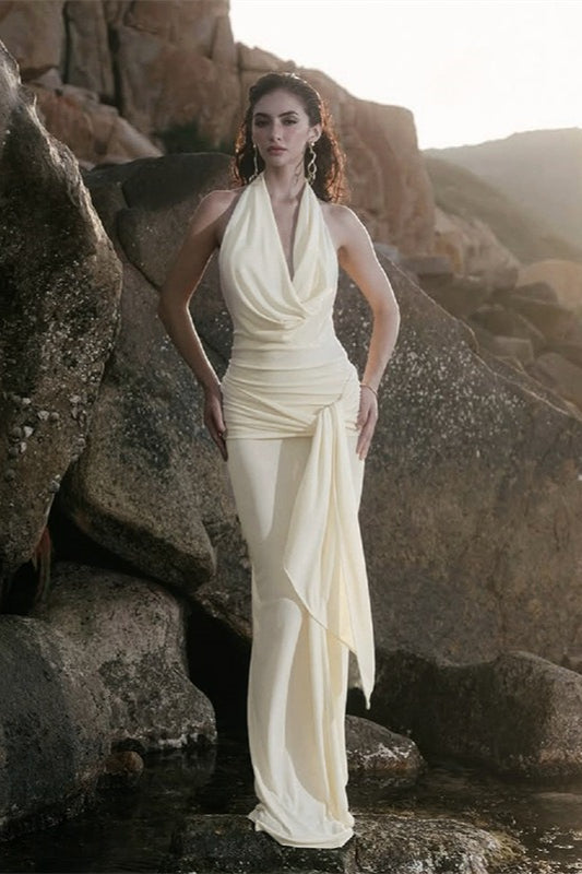 Halter Neck Cowl Ruched Hip Sash Drape Backless Maxi Party Gown - View 3