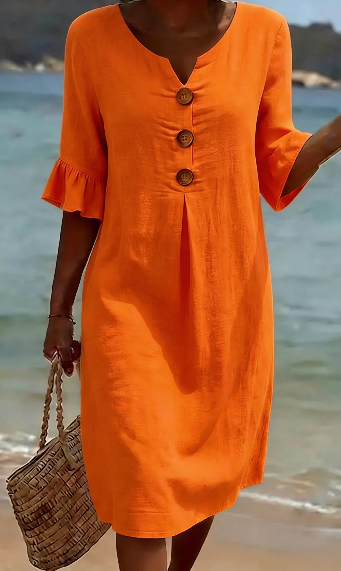 Notch Neck Ruffle Sleeve Button Front Linen Midi Dress