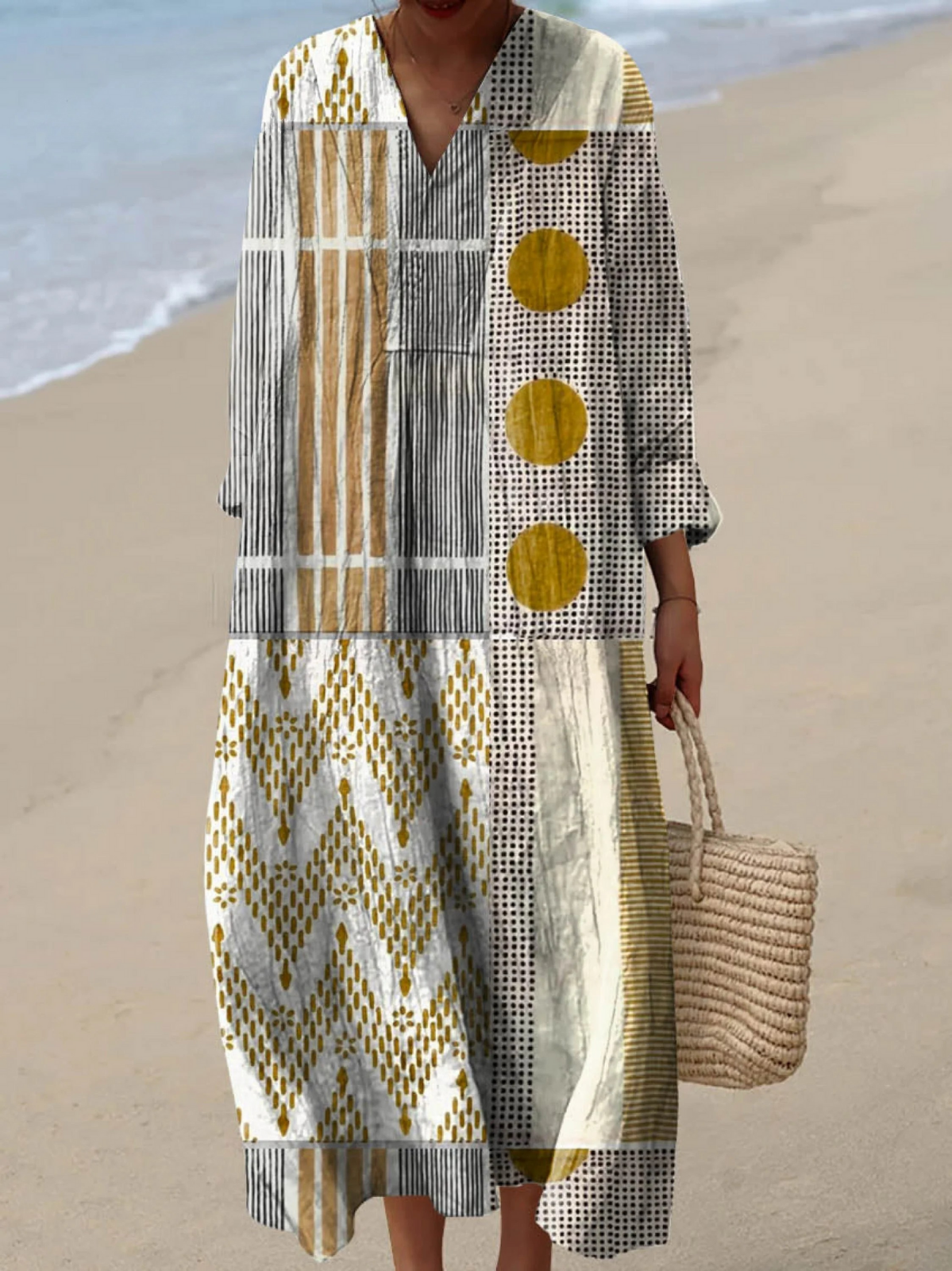 Geometric Patchwork V-Neck Long Sleeve Maxi Dress