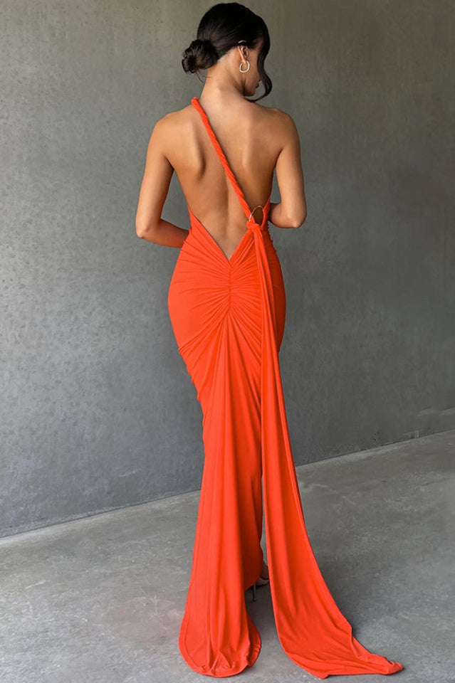 One Shoulder Ruched Open Back Trailing Sash Floor Length Gown 27