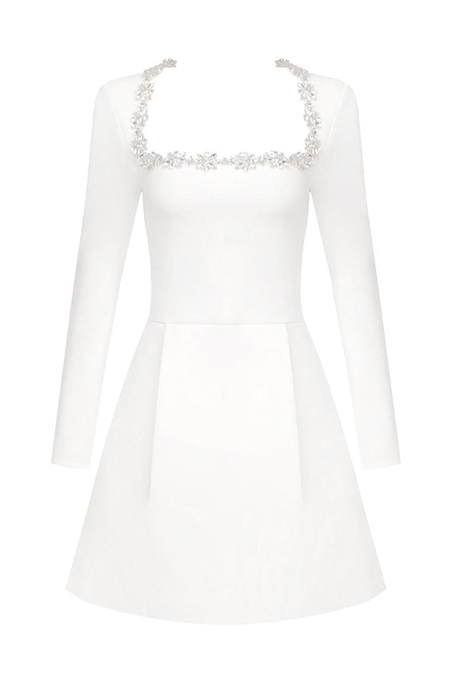 Rhinestone Trim Square Neck Long Sleeve Pleated Pocket Mini Dress - View 13