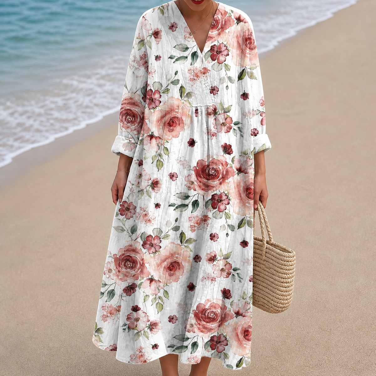 Rose Print V-Neck Long Sleeve Smock Midi Dress