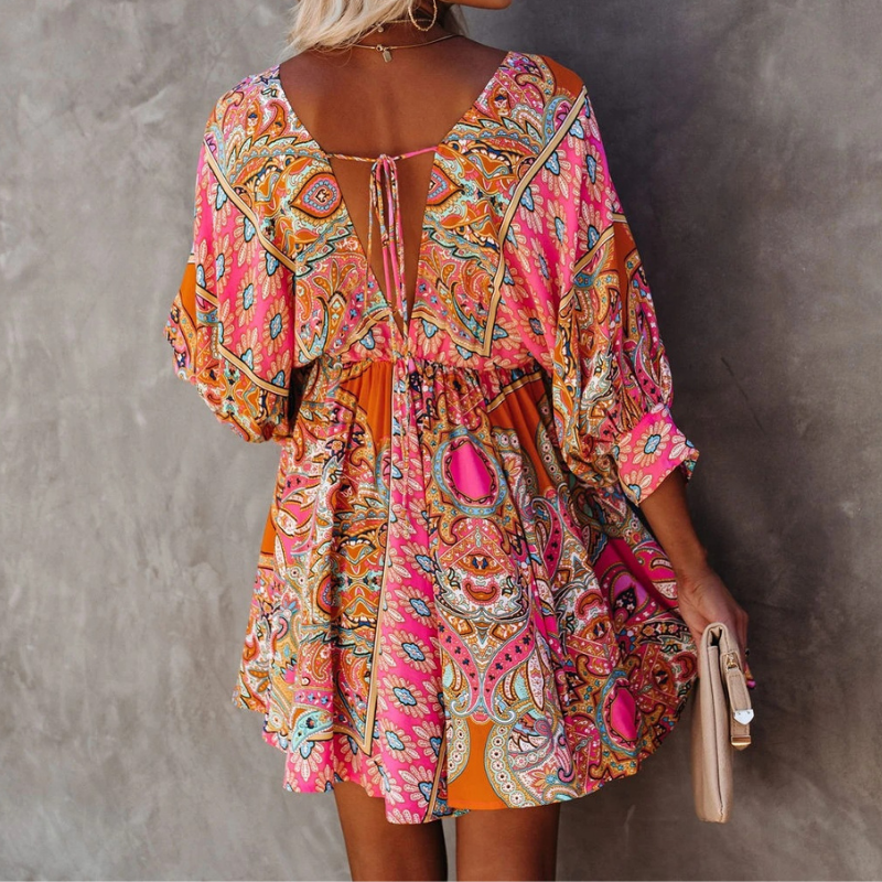 Paisley Print Deep V Back Tie Lantern Sleeve Mini Dress