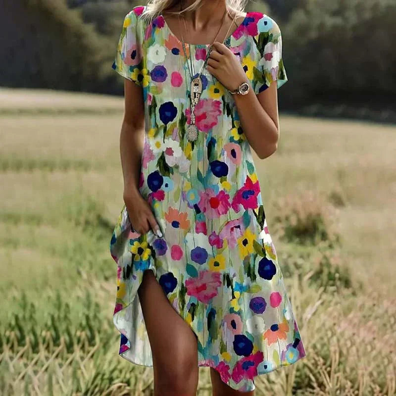 Floral Print Short Sleeve Scoop Neck Pocket Shift Mini Summer Dress