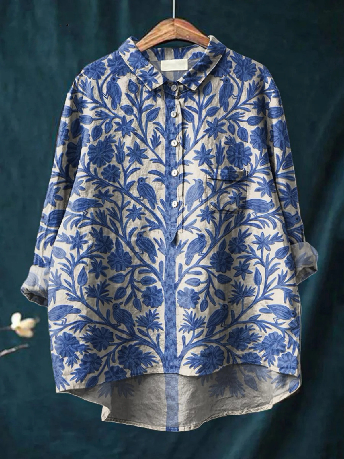 Floral Bird Print Button Front Long Sleeve High Low Blouse