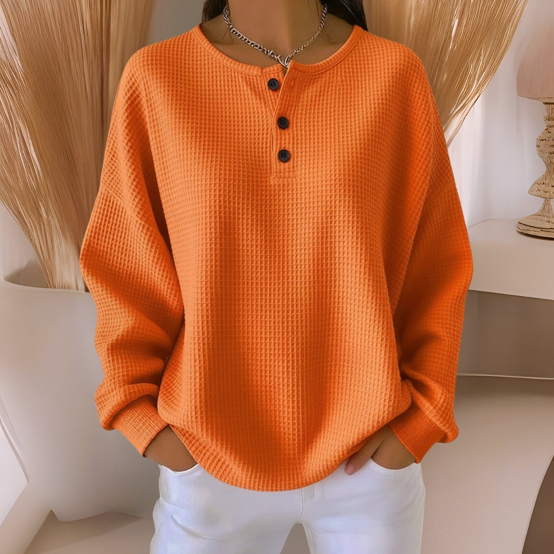 Waffle Knit Button Henley Long Sleeve Top