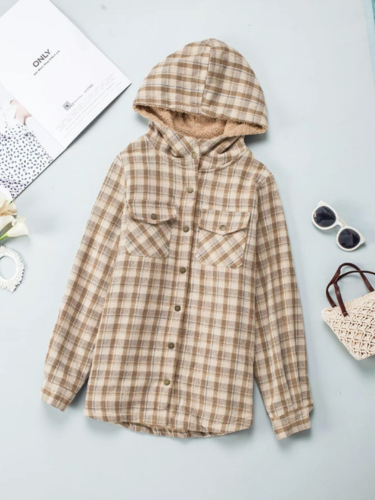 Plaid Sherpa Lined Button Front Hooded Shacket 4