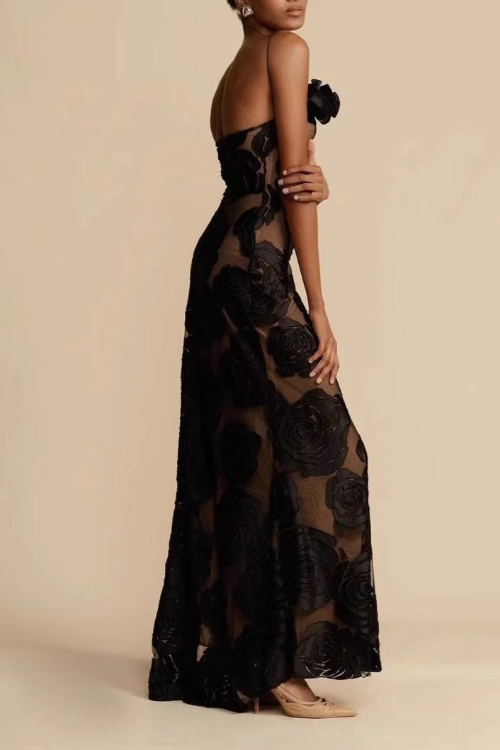 Floral Rosette One Shoulder Mesh Mermaid Gown - View 2