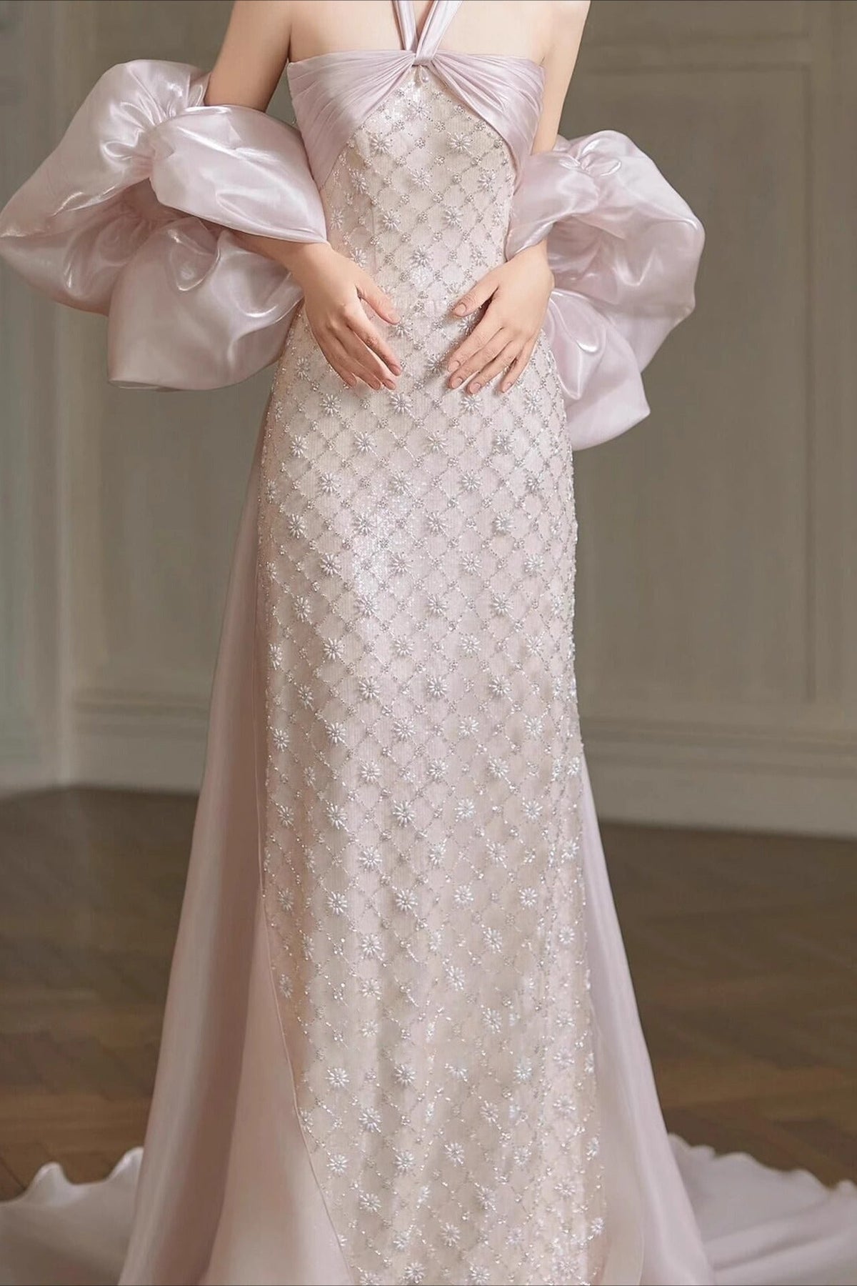 Halter Neck Beaded Puff Sleeve Mermaid Maxi Gown - View 3