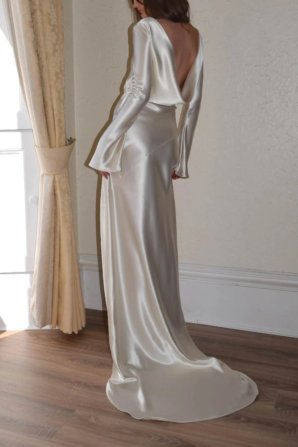 Robyn Pearl Open Cowl Neck Satin Back Maxi Dress