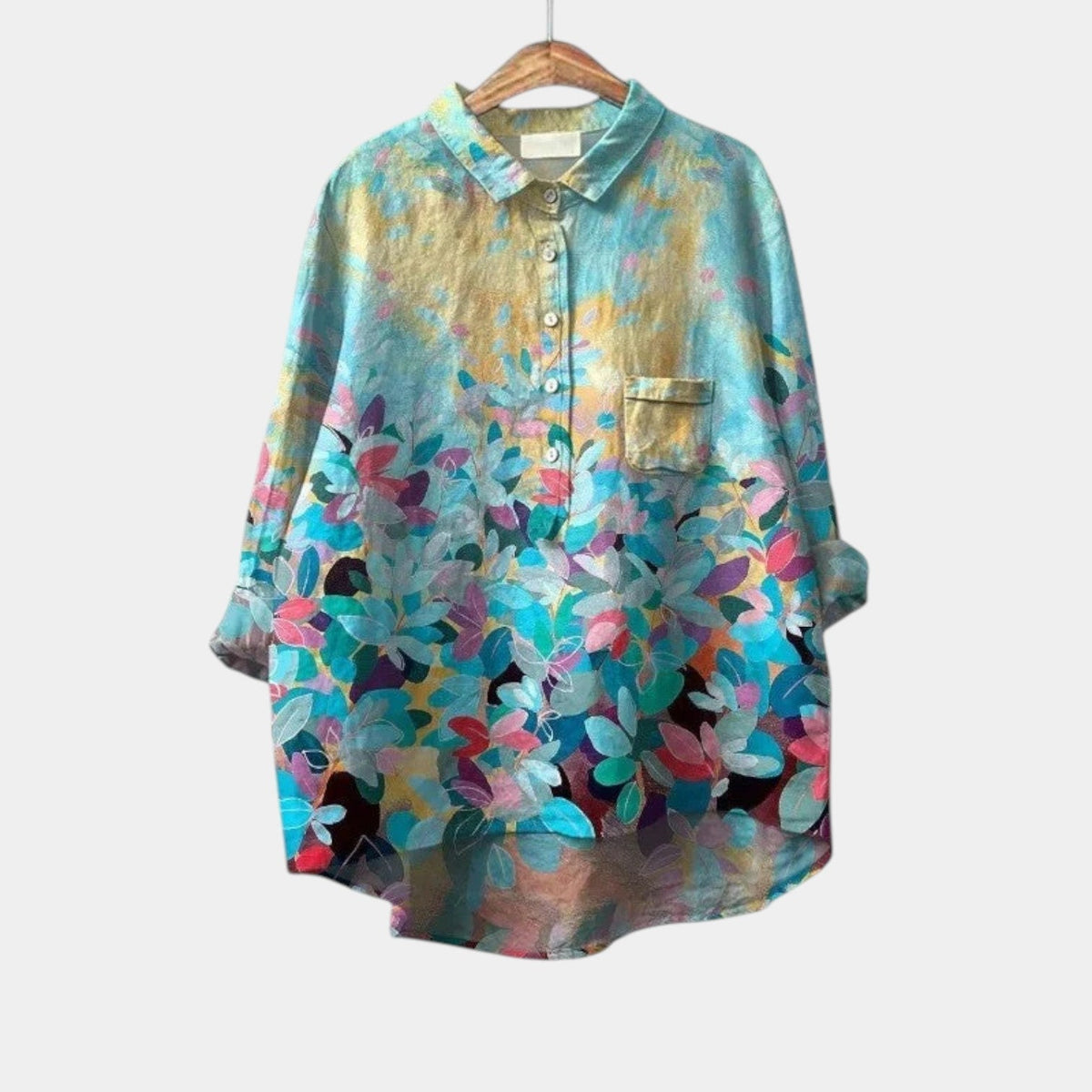 Abstract Floral Print Collared Button Front Blouse