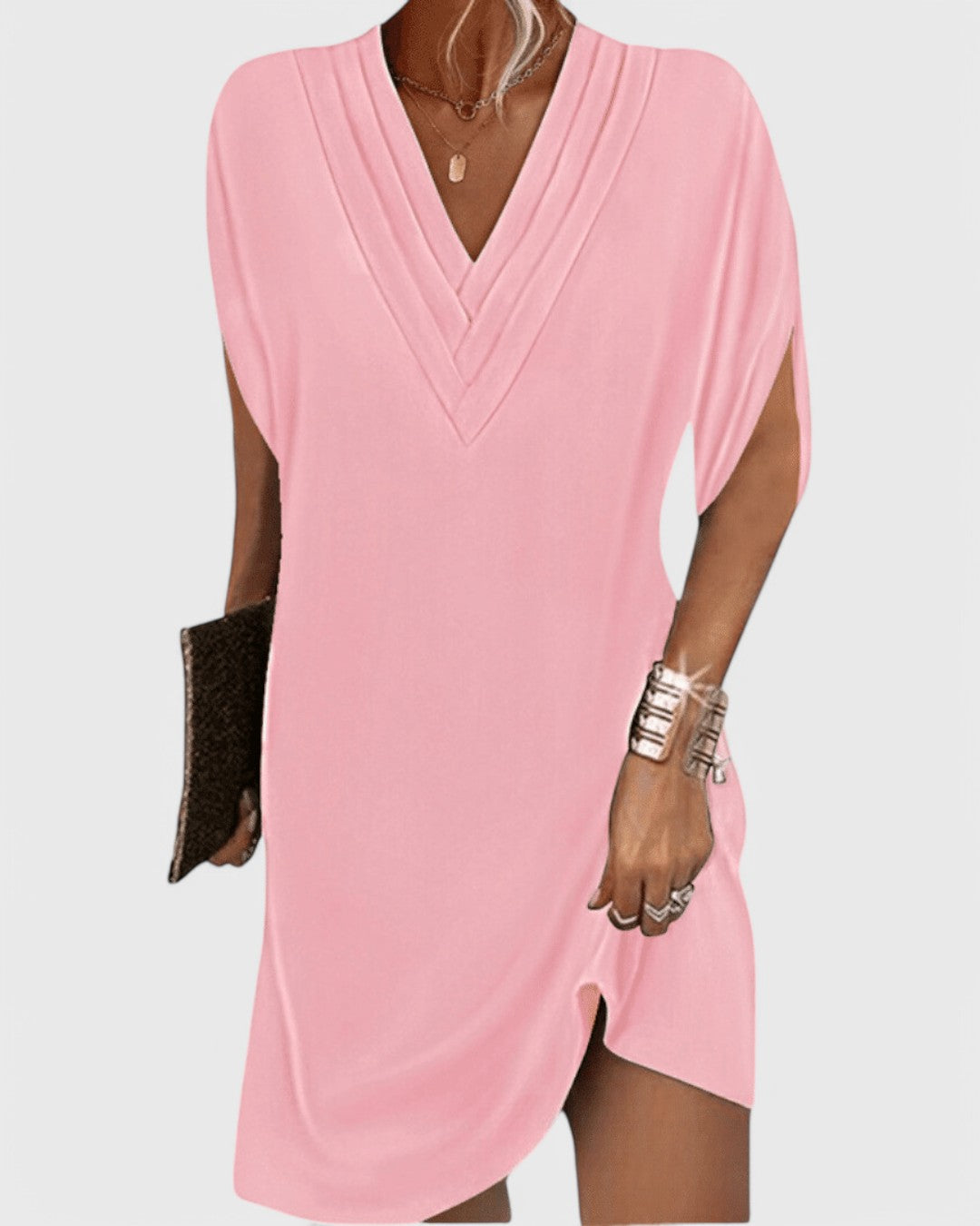 Deep V-Neck Short Sleeve Shift Mini Dress 3