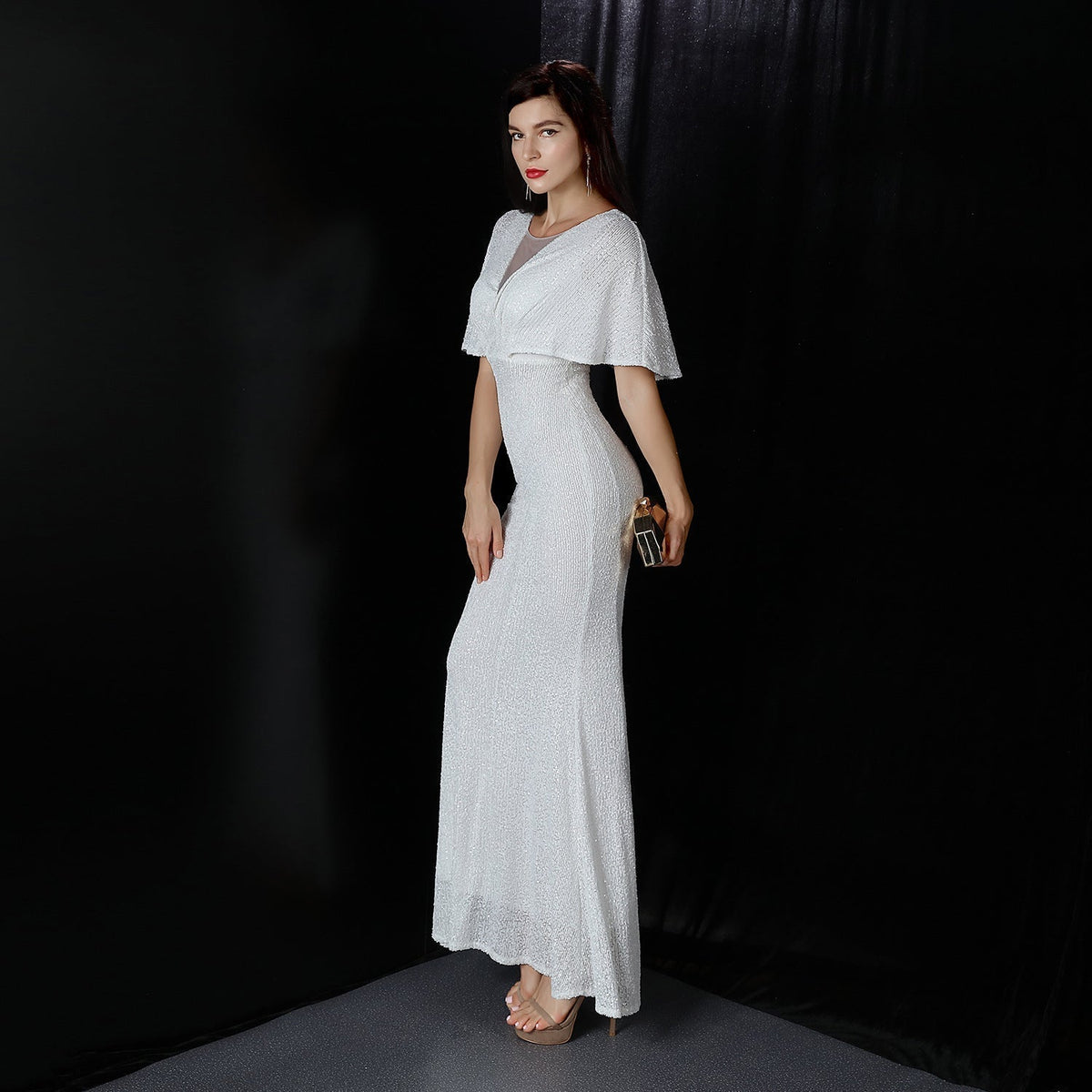Sequin Round Neck Flutter Sleeve Mesh Yoke Mermaid Maxi Gown 20