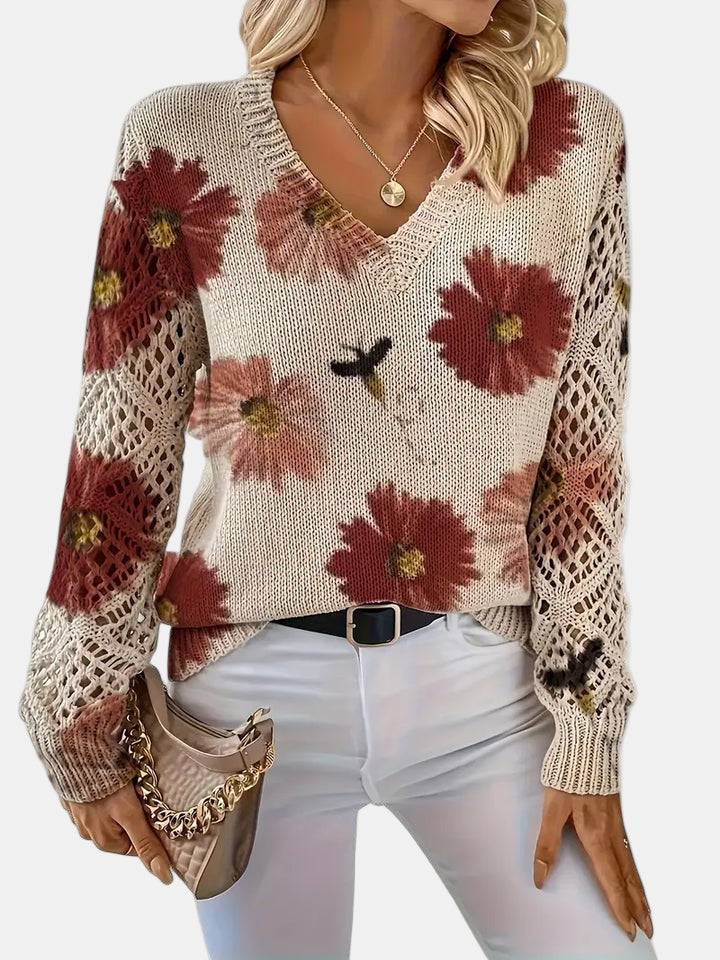 Floral V-Neck Crochet Sleeve Knit Sweater 12