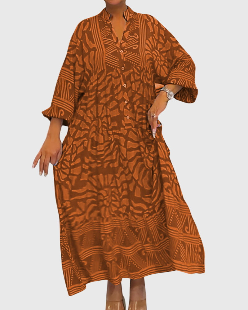 Abstract Print Button Front Long Sleeve Tiered Maxi Dress 4