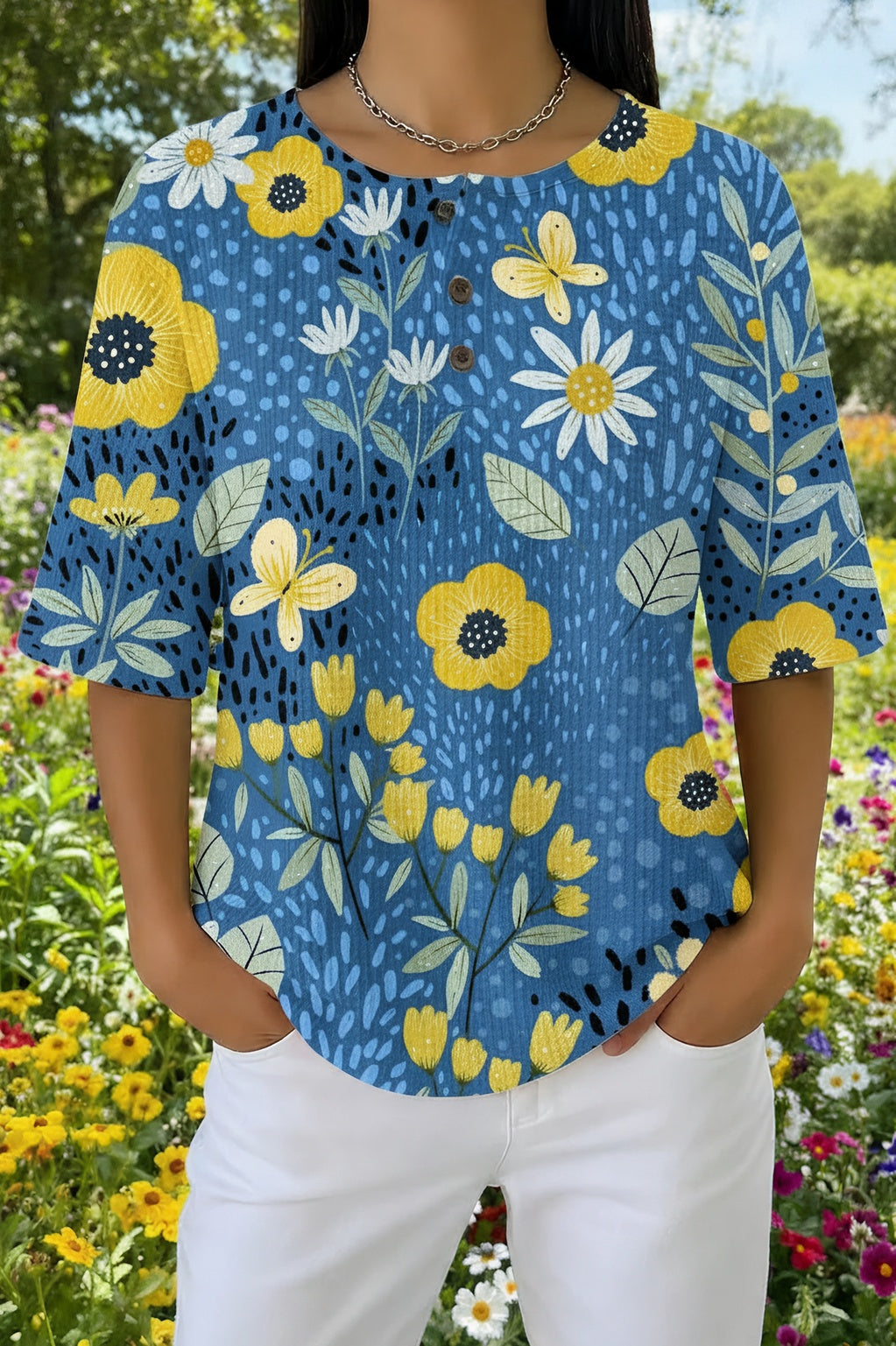 Floral Butterfly Print Waffle Knit Short Sleeve Henley Top