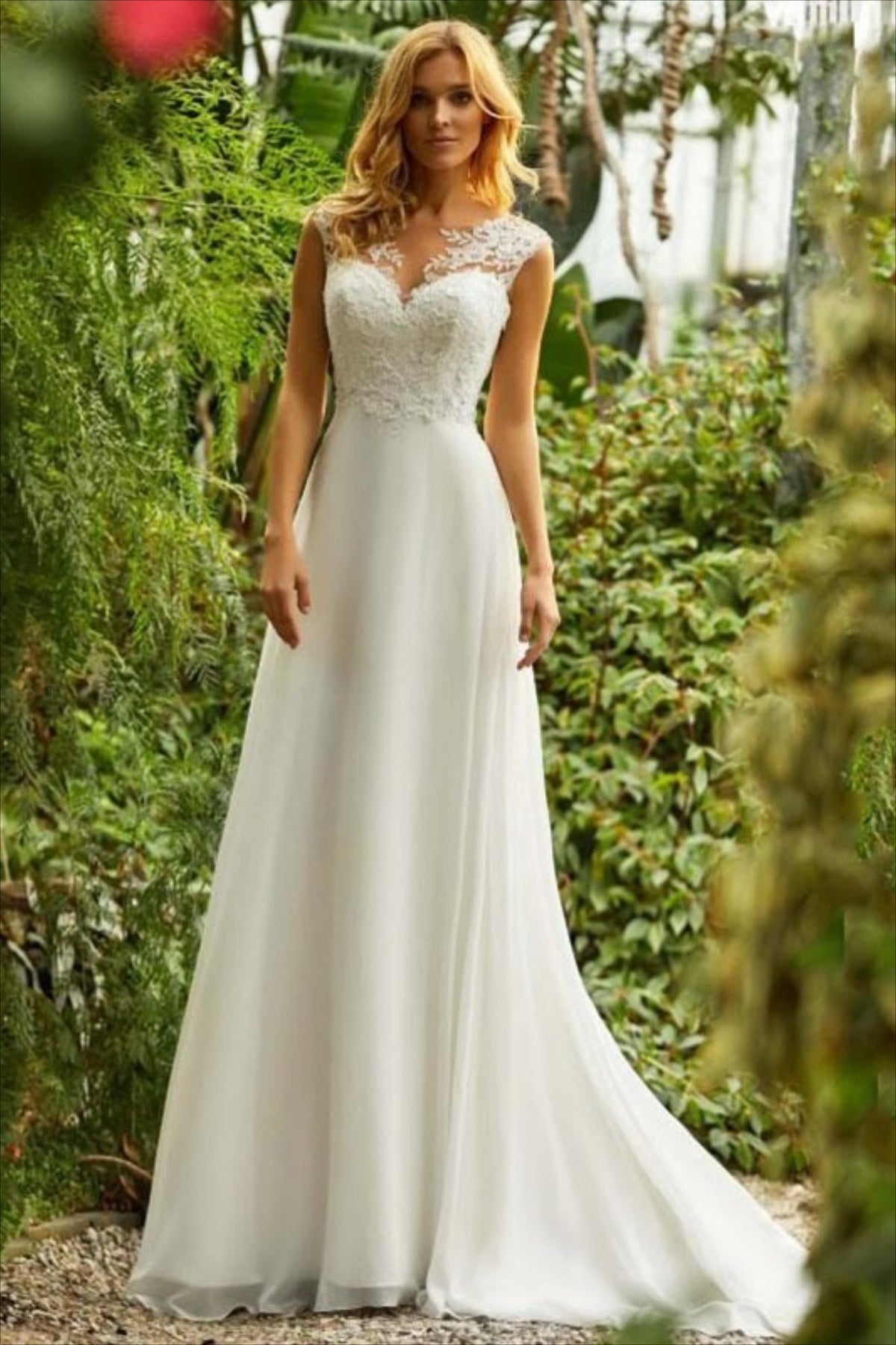 Illusion Neckline Cap Sleeve Lace Bodice A-Line Wedding Gown