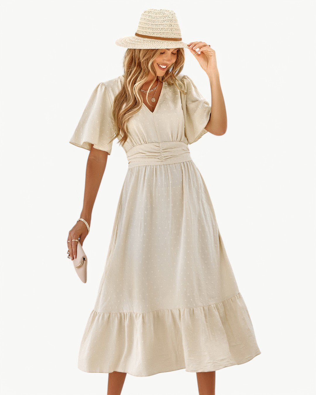 Swiss Dot V-Neck Flutter Sleeve Ruched Waist Tiered Midi Dress 2