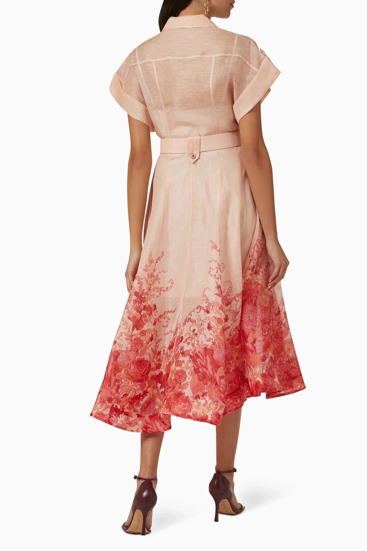Floral Print Collared Short Sleeve Belted Shirt Midi Dress - View 3