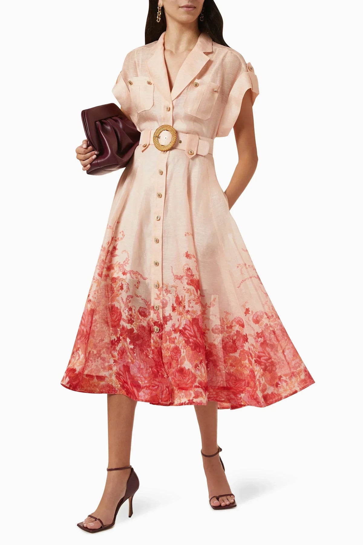 Floral Print Collared Short Sleeve Belted Shirt Midi Dress - View 2