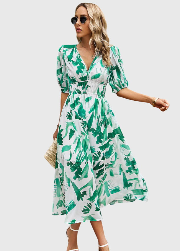 Floral Print Deep V-Neck Puff Sleeve High Waist Maxi Dress 11
