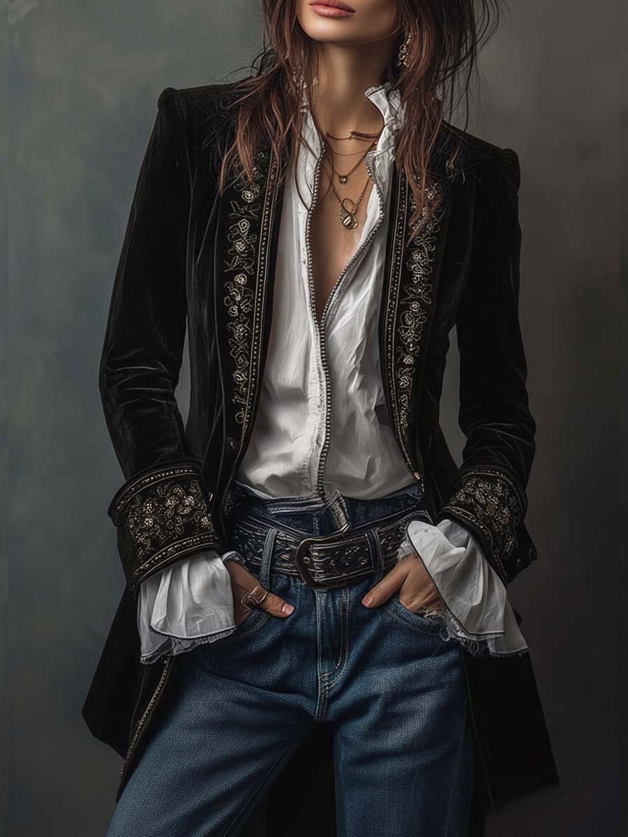 Embroidered Velvet Look Longline Blazer Jacket 10