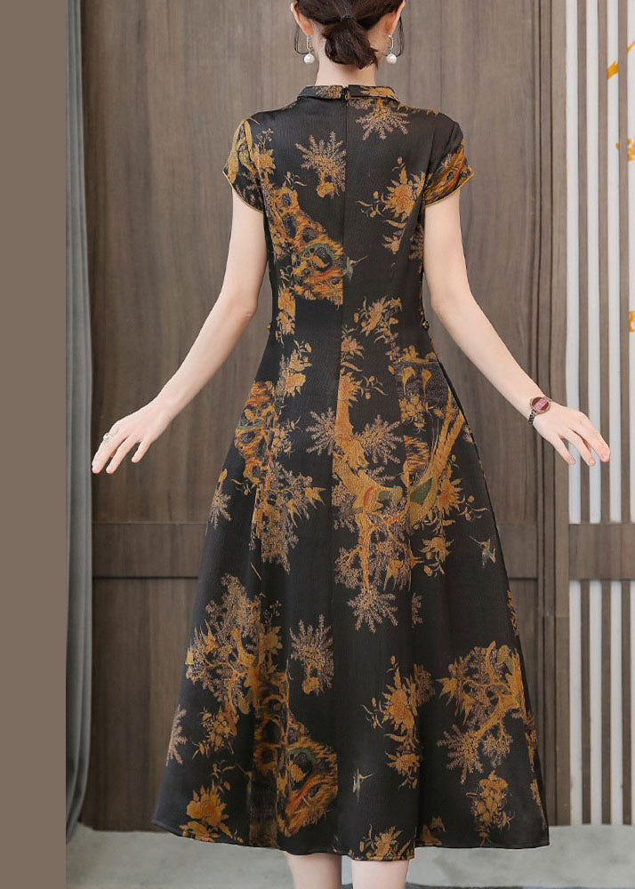 Bird Print Mandarin Collar Frog Button Cap Sleeve Cheongsam Midi Dress - View 4