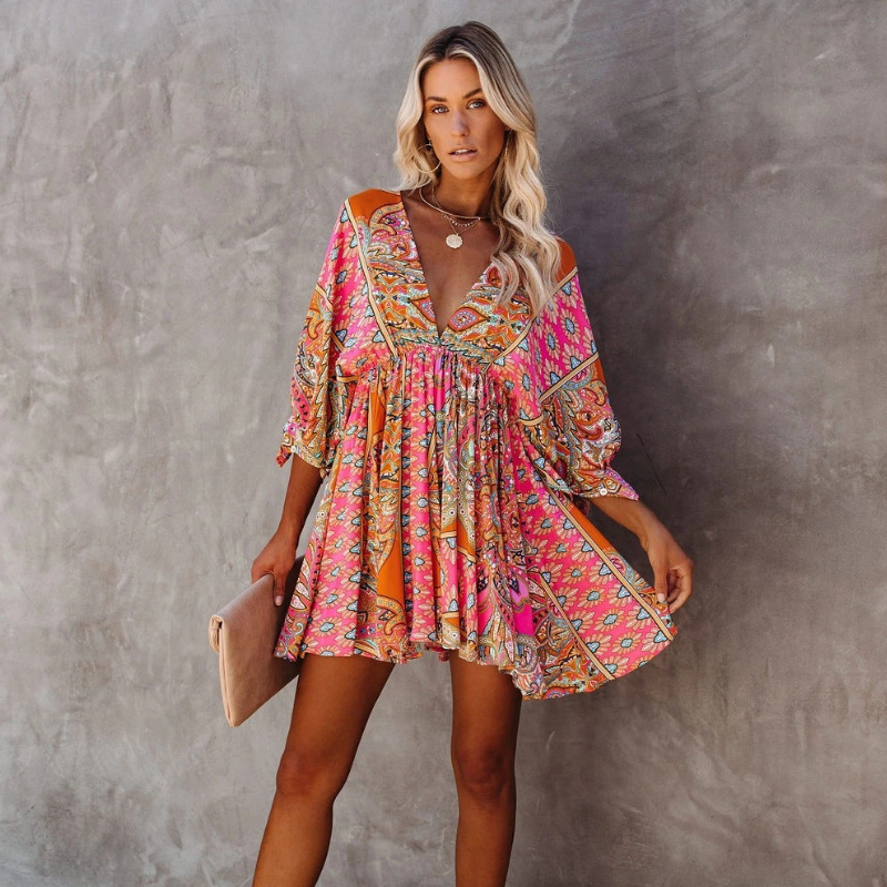 Paisley Print Deep V Back Tie Lantern Sleeve Mini Dress - View 2