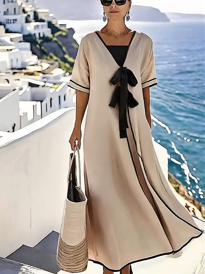 Contrast Trim Bow Front V-Neck Short Sleeve Maxi Dress 4