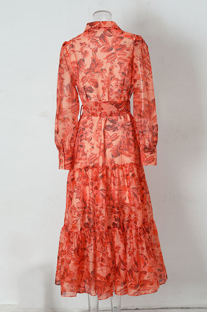 Floral Balloon Sleeve Collar Button Front Tie Waist Tiered Maxi Shirt Dress - View 3