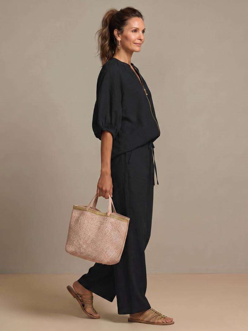 Puff Sleeve Zip Front Top and Wide Leg Pants Two Piece Set 15
