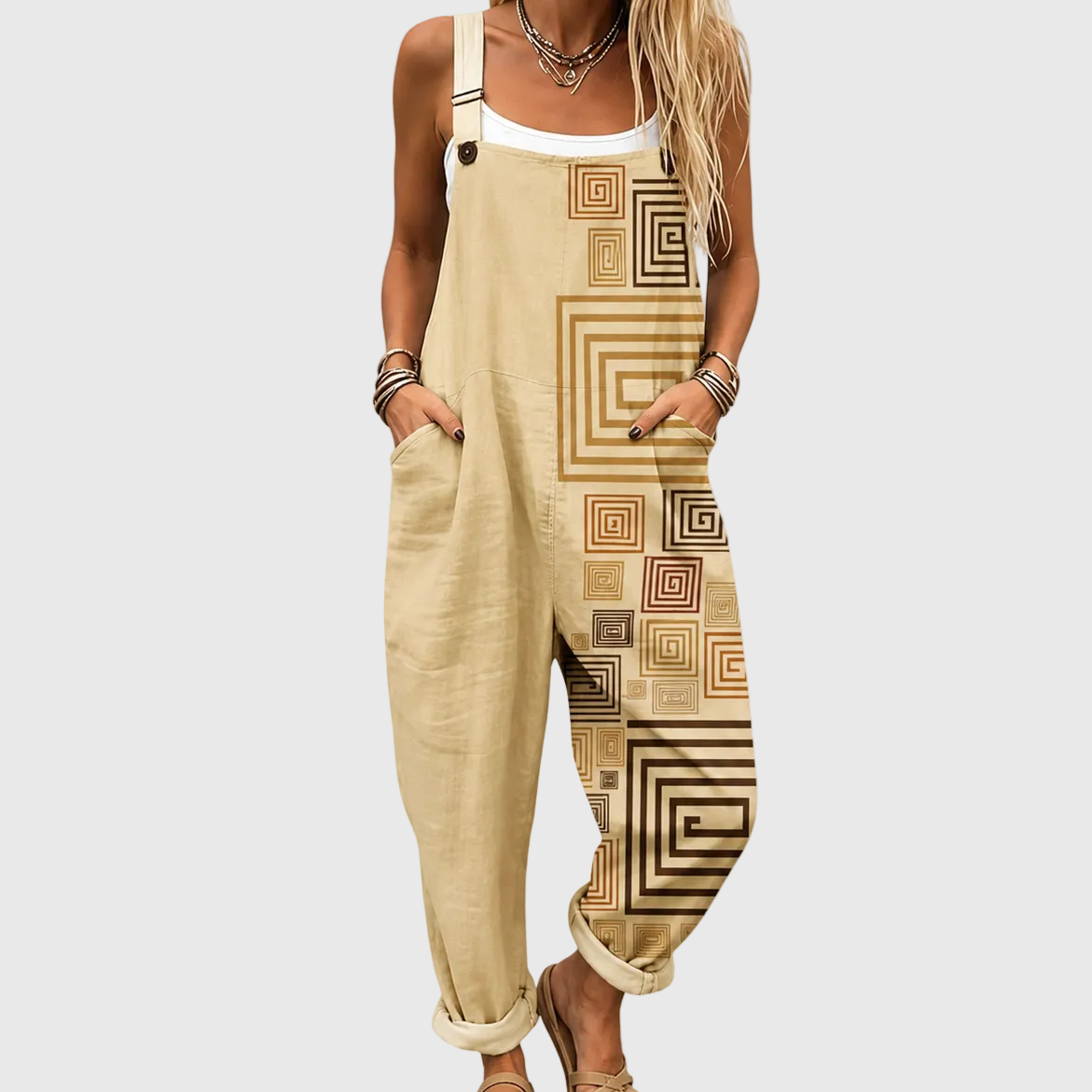 Geometric Print Pocket Wide Leg Overall Jumpsuit