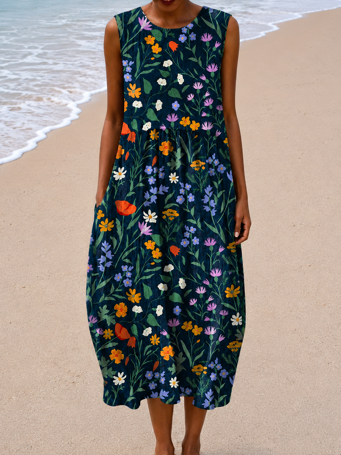 Wildflower Floral Crew Neck Sleeveless Pocket Midi Dress