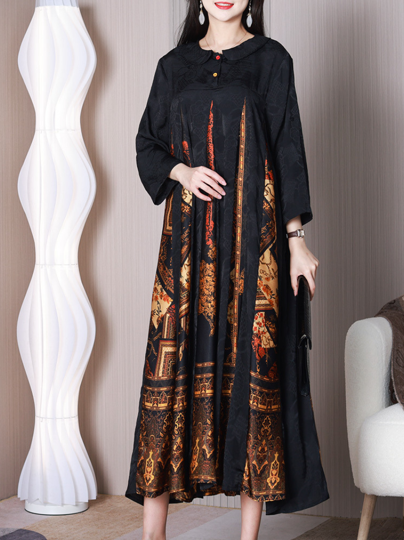 Jacquard Floral Peter Pan Collar Button Front A-Line Maxi Dress - View 5