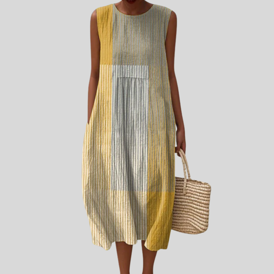 Striped Color Block Round Neck Sleeveless Midi Dress