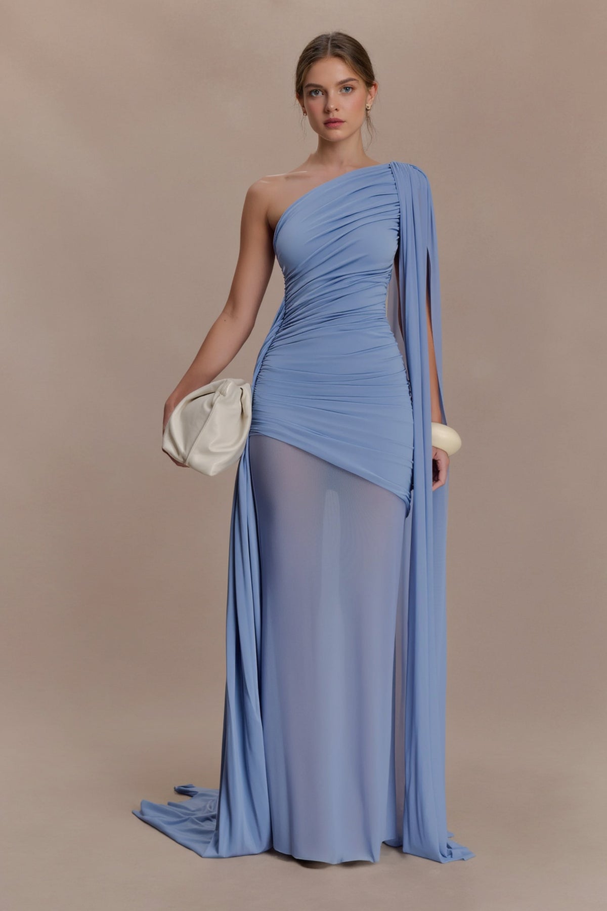 Mesh Paneled One Shoulder Cape Fitted Party Dress
