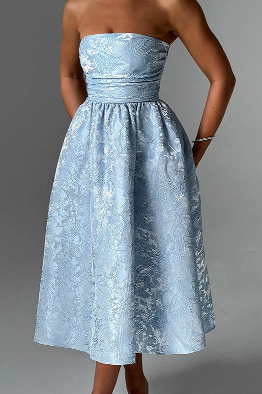Jacquard Satin Bodycon Strapless Silk Dress - View 3