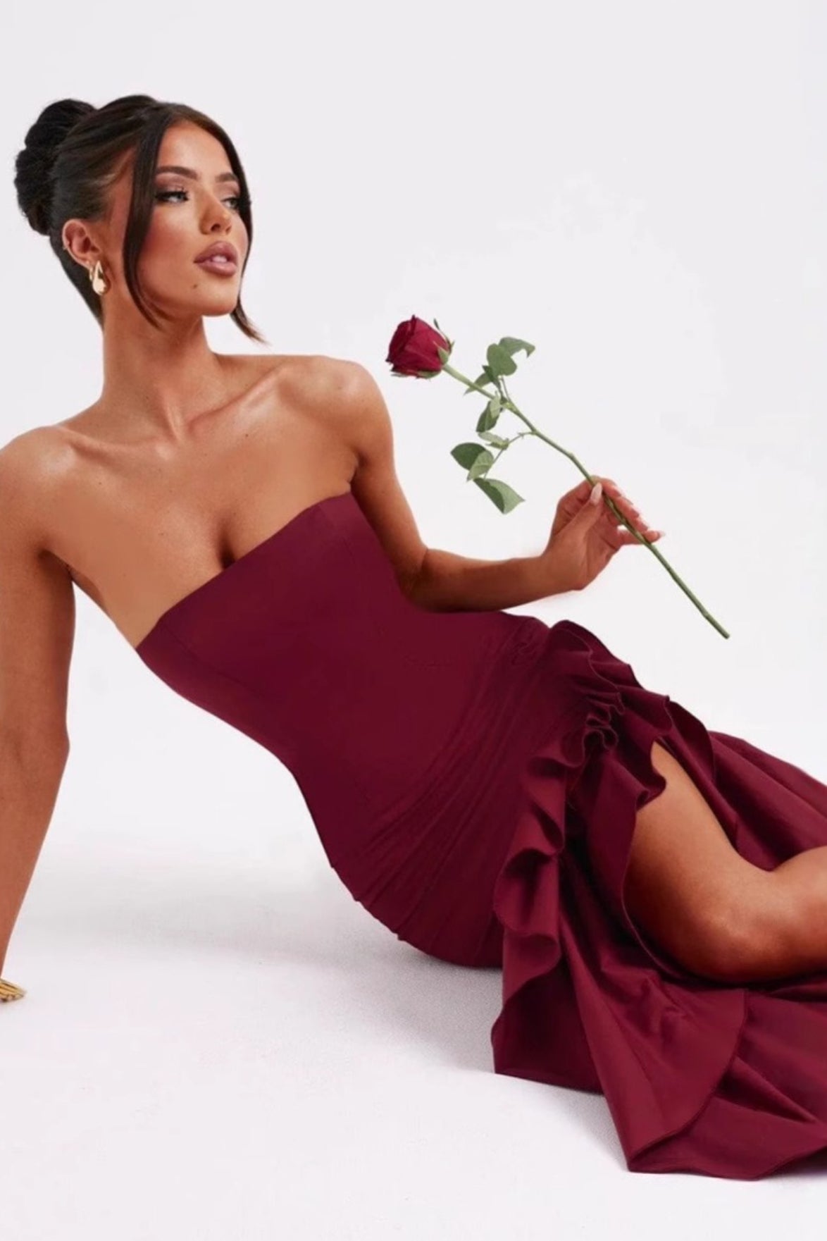 Strapless Ruffle Hem High Low Bodycon Maxi Dress - View 9