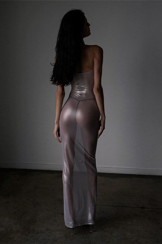 Spaghetti Strap Sheer Shimmer Bodycon Slip Maxi Dress - View 4