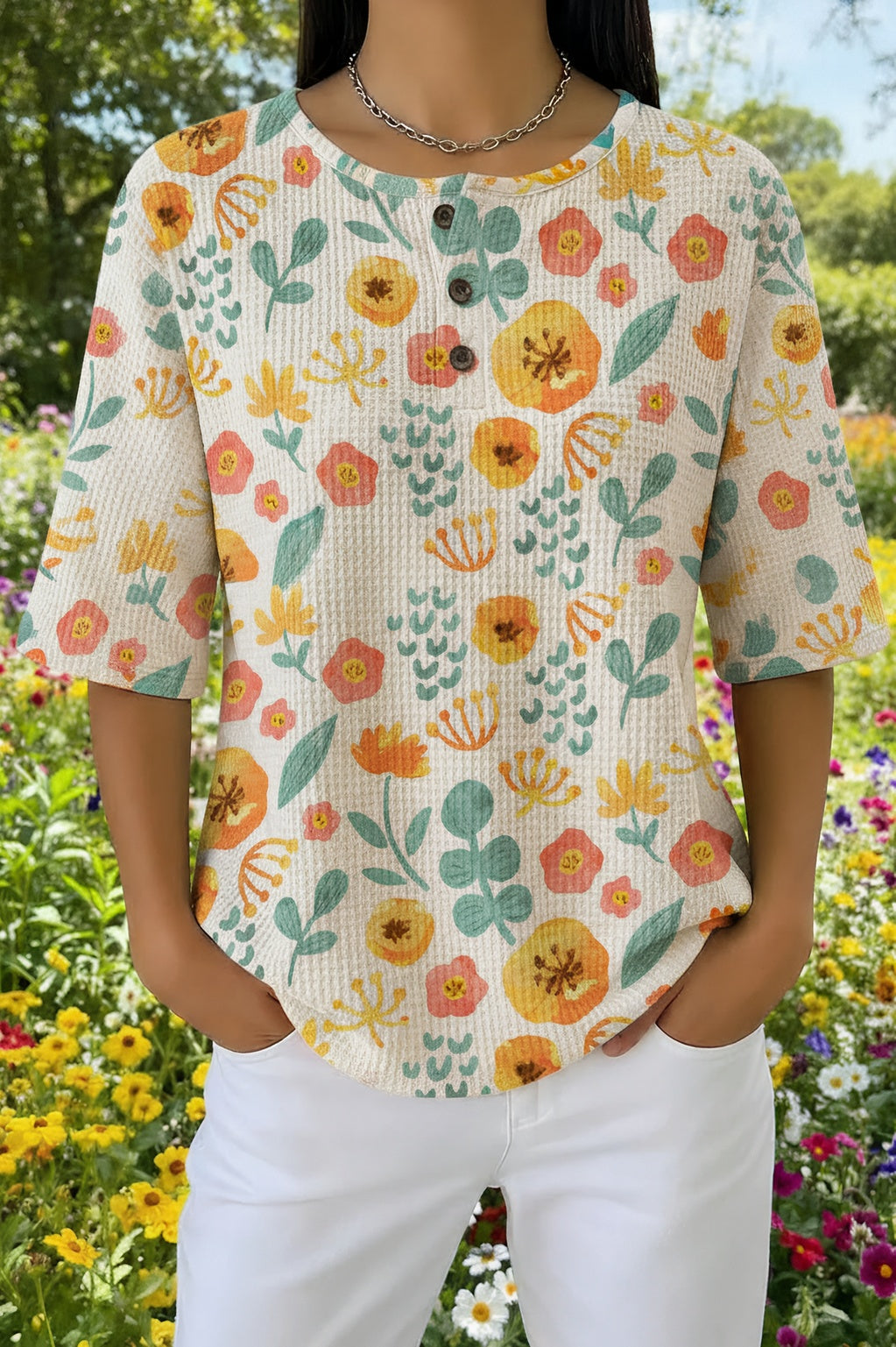 Wildflower Print Waffle Knit Short Sleeve Henley Top