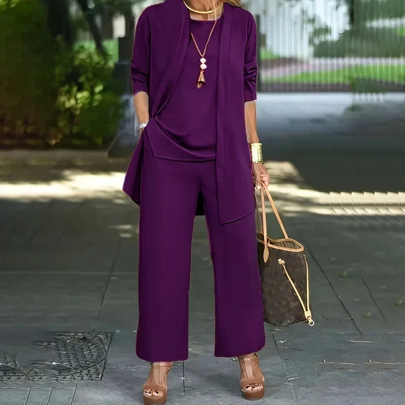 Round Neck Top Open Front Duster and Wide Leg Pants Three Piece Set 4